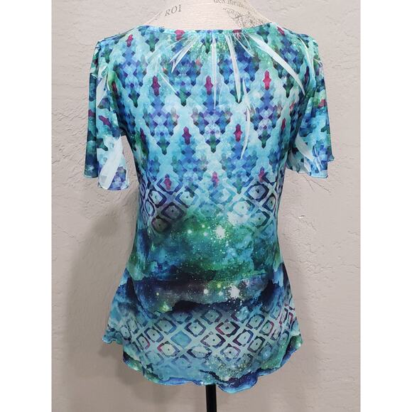 One World Live & Let Live Tie Dye Multi Color Short Sleeve V Neck Blouse Shirt - Picture 2 of 7